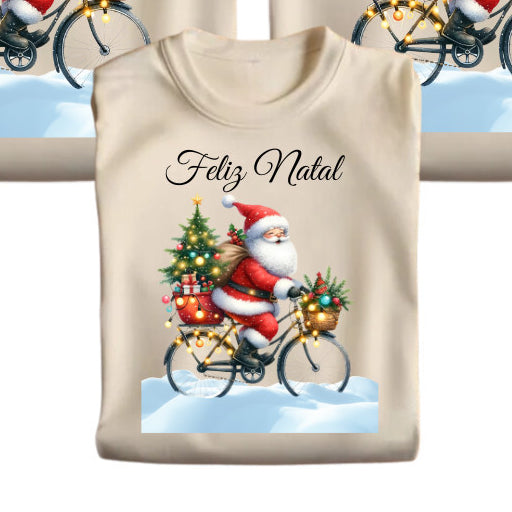 Camiseta de Natal Papai Noel de Bicicleta