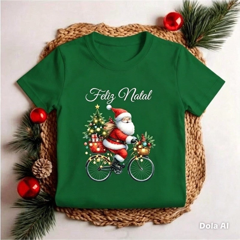 Camiseta de Natal Papai Noel de Bicicleta