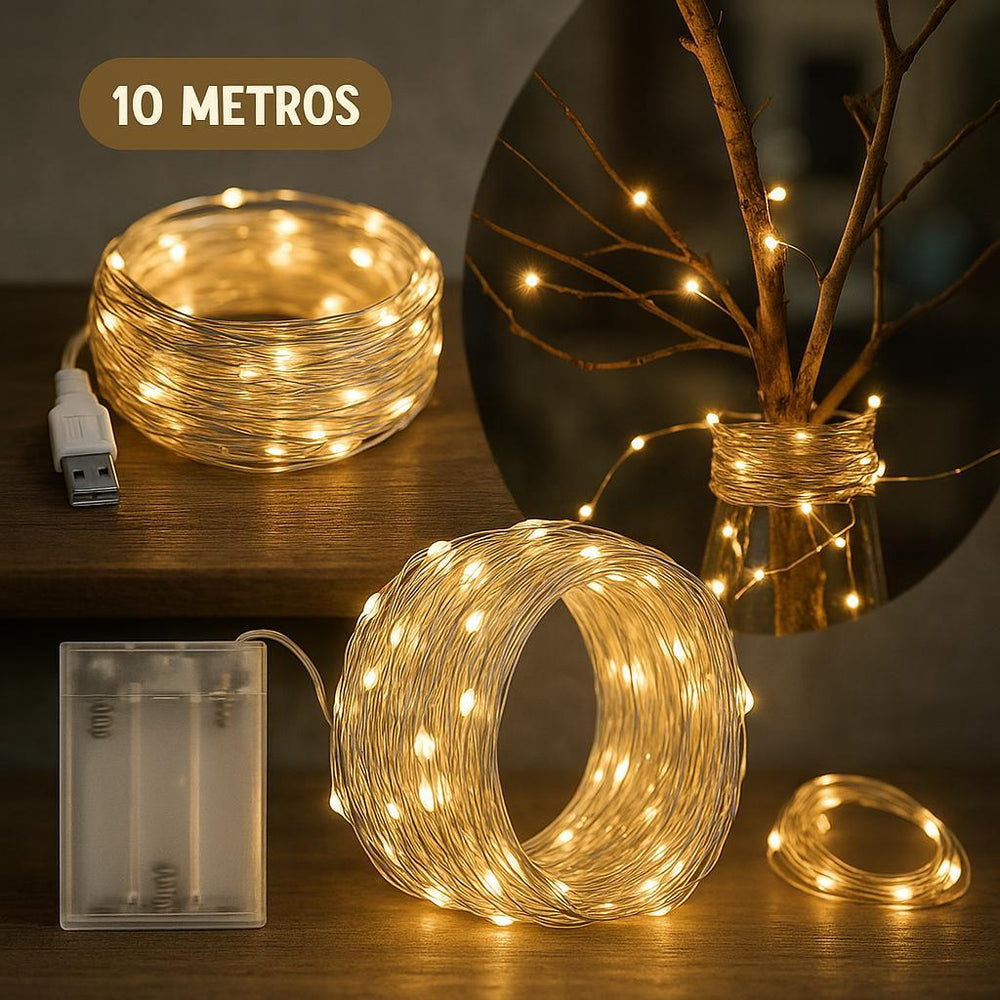 Fio de Fada 10 m com 100 LEDs USB e Pilha