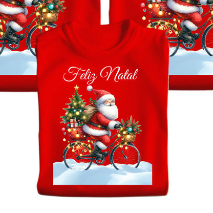 Camiseta de Natal Papai Noel de Bicicleta