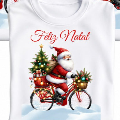 Camiseta de Natal Papai Noel de Bicicleta