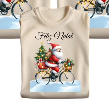 Camiseta de Natal Papai Noel de Bicicleta